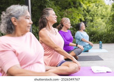 Diverse senior female friends practicing yoga outdoors. Wearing casual sportswear, concentrating, enjoying together under blue background, unaltered - Powered by Shutterstock