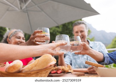 Diverse senior female friends toasting with drinks outdoors. Biracial woman with short gray hair, Caucasian woman with blond hair, laughing together, unaltered - Powered by Shutterstock