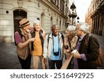 Diverse senior tourists exploring downtown of a city