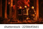 Diverse Squad of Male and Female Firefighters Trail Deep in a Forest to Stop a Wildland Fire from Spreading. Superintendent Giving Orders and Instructions on Where to Beggin to Extinguish the Fire.