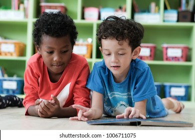 Diverse Student Classroom, Kindergarten, Elementary Children Reading Together In Their Classroom, Diverse Student Kids Education Concept