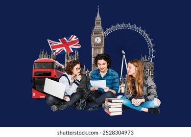 Diverse student study abroad at UK creative collage. Education collage photo of students in UK with London landmarks, Big Ben, London Eye. Diverse students education in creative collage style - Powered by Shutterstock