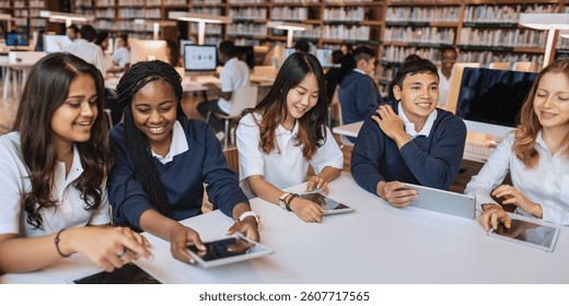 Diverse students in a library using tablets. Group of young people studying together. Students engaged in learning with technology in a library setting. Diverse high school students at library.