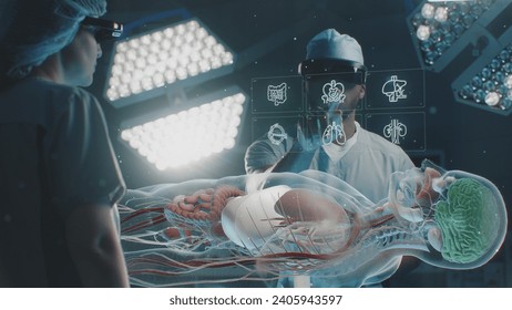 Diverse surgeons in AR headsets work in operating room. African American specialist uses virtual holographic display with 3D animation of human skeleton and organs. Technology of AI-assisted surgery.
