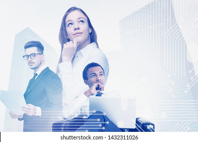 Diverse Team Of Business People Standing Together Over Skyscraper Background With Double Exposure Of Circuit Interface. Concept Of Hi Tech And Teamwork. Toned Image