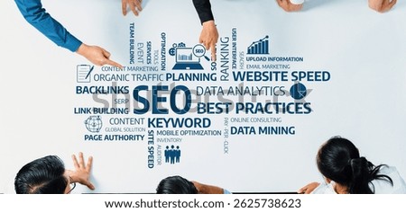 A diverse team collaborates during an SEO strategy session, focusing on digital marketing, data analytics, and best practices for improving website performance and traffic. Amity