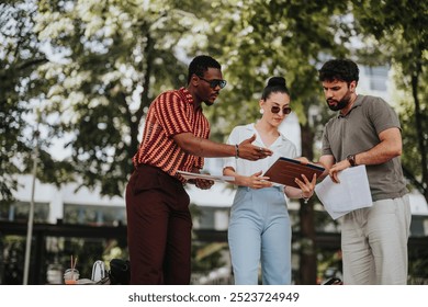 Diverse team collaborating on a project in an outdoor setting, discussing documents and sharing ideas passionately. - Powered by Shutterstock