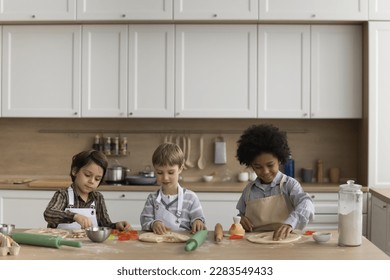 Diverse team of cute kids wearing aprons, preparing homemade dessert in kitchen. Multiethnic boys, friends, brothers baking cookies, cutting rolled dough on floury table, cooking bakery food - Powered by Shutterstock