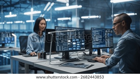 Diverse Team of Developers with a Focus on Asian Female Collaborate in a Modern Data Center, Optimizing Systems and Building Cybersecurity Through Advanced Coding and Data Analysis