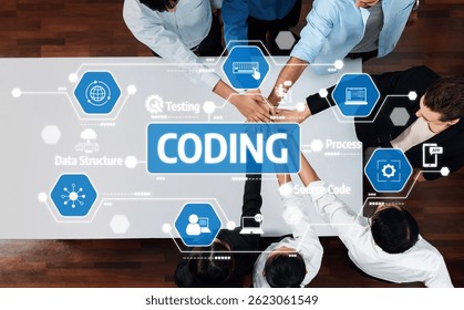 A diverse team engages in a collaborative coding session, surrounded by digital elements that emphasize concepts like testing, data structure, and efficient workflow processes. Amity