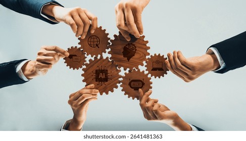 A diverse team engages with interconnected gears featuring icons, symbolizing innovation and technology in a modern business context. Perfect for illustrating collaboration themes. Amity