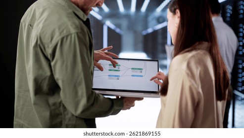Diverse Team Of Engineers Using Node Editor For Data Center Configuration
