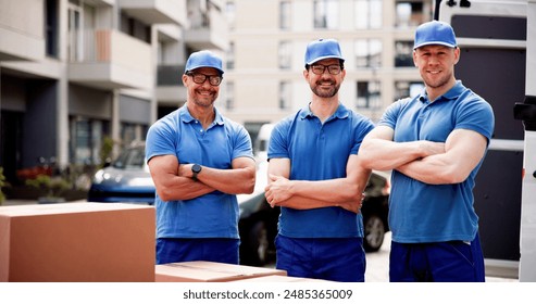 Diverse team of professional movers delivering boxes for relocation service; uniformed workers and van representing moving company with efficiency. - Powered by Shutterstock