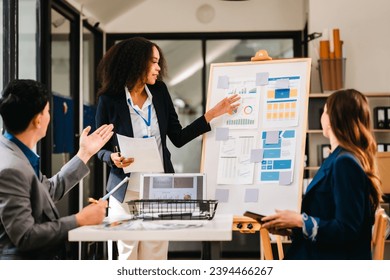 diverse team of professionals engaged in a website graphic design board meeting, sharing opinions on UX and UI design elements. Asian man, African American people, black, afro, caucasian female