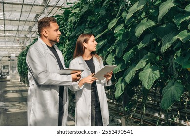 A diverse team of researchers is collaborating in a greenhouse, focusing on advanced vegetable science and data analysis to enhance agricultural practices for greater efficiency and sustainability - Powered by Shutterstock