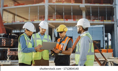 Diverse Team of Specialists Use Laptop Computer on Construction Site. Real Estate Building Project with Civil Engineer, Architectural Investor, Businesswoman and Worker Discussing Plan Details - Powered by Shutterstock