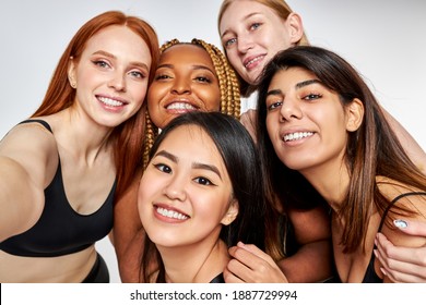 Diverse Women Taking Selfie, Looking At Camera And Smiling, Having Unique Natural Beauty, Prefect Toothy Smile, Isolated White Background