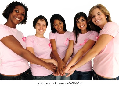diverse women united with breast cancer awareness ribbon