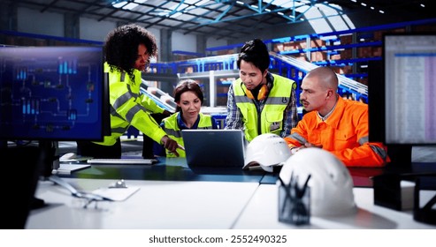 Diverse Workers Using Computers At Warehouse For Logistics And Supply Chain Management