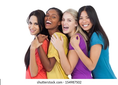 Diverse Young Women Laughing At Camera And Embracing On White Background