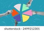 Diversified investment strategy. Hands hold the charts. The investor manages the portfolio. Pie chart, division. Modern art art collage.