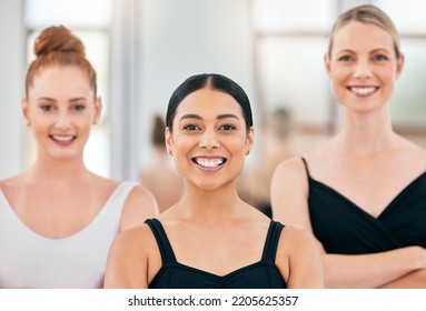 Diversity Ballet Women Portrait In Academy Dance Studio With Vision, Motivation And Professional Goal. Group Of People Or Girl Dancer Team With A Smile Proud Of Ballerina Training Progress Together