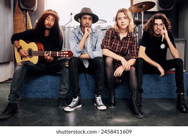 Diversity, band and portrait in studio for concert, practice and recording on stage. Friends, musicians and instruments in home music room for podcast, radio and collaboration for producing songs - Powered by Shutterstock