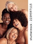 Diversity, beauty and natural with woman friends in studio on a beige background to promote skincare. Portrait, face and smile with a happy female and friend group indoors for luxury cosmetics