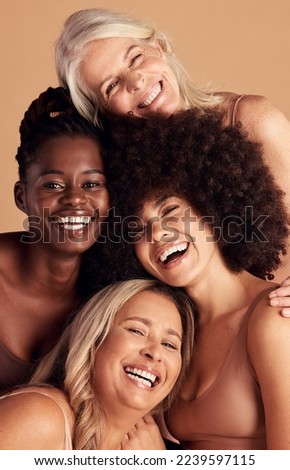 Diversity, beauty and natural with woman friends in studio on a beige background to promote skincare. Portrait, face and smile with a happy female and friend group indoors for luxury cosmetics