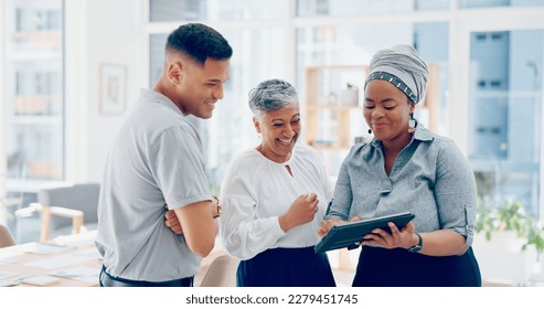 Diversity, business people and tablet planning, office and ideas, data analytics and online strategy in marketing agency. Group, teamwork and digital technology, collaboration and working on internet - Powered by Shutterstock