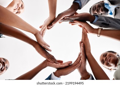 Diversity, Circle Hands And Teamwork Collaboration For Success Goal, And Motivation And Global Company Innovation. Zoom Of Business People, Women And Men Workers In Community Group, Support Or Trust