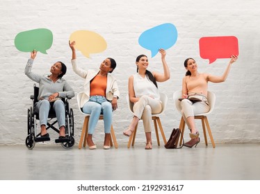 Diversity, Collaboration Or Social Media Speech Bubbles Of Women Community News Thinking In Digital Advertising Office Space. Communication, Review Or Vote Mockup Of Friends With Disabled Woman