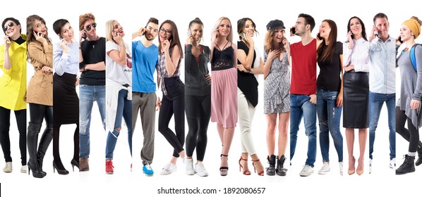 Diversity Collage Of Casual People Talking On Mobile Phone Full Body Isolated On White Background. 