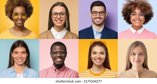 Diversity collage of portrait and face of multiracial group of various smiling young people for user pic, avatar and profile picture