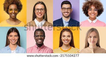 Diversity collage of portrait and face of multiracial group of various smiling young people for user pic, avatar and profile picture