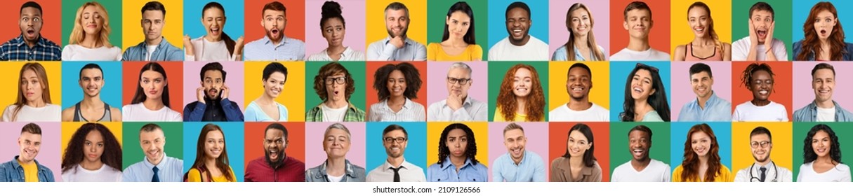 Diversity. Composite collage of multiracial group of people with variety of different cheerful excited surprised facial expressions and emotions. Mosaic set of multiracial team, panorama, banner - Powered by Shutterstock