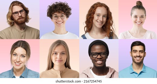 Diversity concept. Group of portraits and faces of diverse young people for profile picture, isolated on various color background - Shutterstock ID 2167254745