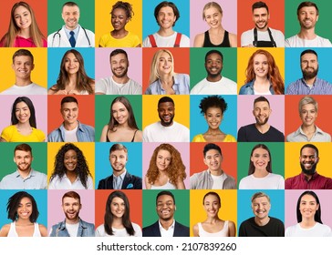 Diversity Concept. Group Of Young Cheerful Multiethnic People Posing Over Colorful Backgrounds, Set Of Different Multicultural Men And Women's Portraits Over Bright Backdrops, Creative Collage