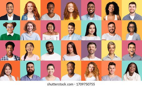 Diversity Concept. Mosaic Of People Portraits With Multiracial Smiling Faces On Colorful Backgrounds.