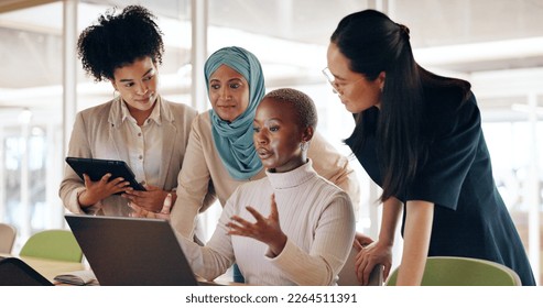 Diversity, corporate and women with laptop, talking and planning budget, fintech and system update in modern office. Team, leader and group online reading, finance and.accounting process on computer - Powered by Shutterstock