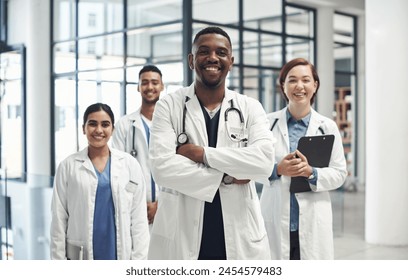 Diversity, doctors and portrait with confidence in hospital for collaboration with healthcare, expert help and leader. Man, global staff and teamwork in clinic for pride, medical job and smile - Powered by Shutterstock