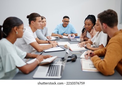 Diversity, Education Or University Students In Classroom Learning, Collaboration Or Working On Maths Or Physics Research. Books, Laptop And Notebook For College Group Project Search For Scholarship