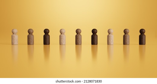 Diversity, Equality And Representation Concept. A Row Of Wooden Doll Figures In Different Shades. 3D Rendering.