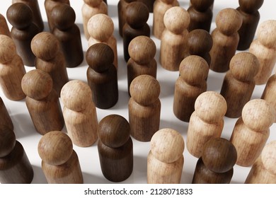 Diversity, Equality And Representation Concept. Wooden Doll Figures In Different Shades. 3D Rendering.