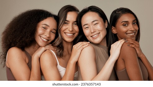 Diversity face, beauty group and happy women with natural cosmetics, facial skincare glow and studio self care. Woman empowerment, makeup and equality portrait of model friends on grey background - Powered by Shutterstock