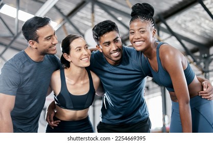 Diversity, fitness and team with smile for exercise, workout or training together at the indoor gym. Happy diverse group of people in sports teamwork, huddle or hug smiling for healthy exercising - Powered by Shutterstock