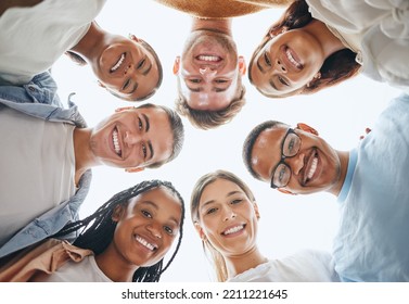 Diversity, Group And Portrait Of People From The Bottom With Happiness In Collaboration Outdoors. Team Building, Community And Happy Friends With A Smile Standing And Networking In A Circle Outside.