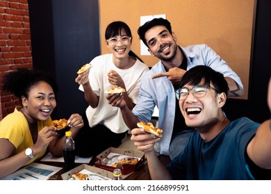 Diversity Group Young Friends Eating Pizza Selfie By Smart Phone.People Group Multi Ethnic African American Caucasian Asian Working Meeting Together.Happiness Party Pizza And Cola.focus On Right Man.