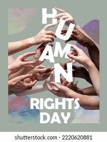 Diversity. Hands of people of different nations and religion on bright abstract background with lettering. Symbol of unity, equality, friendship and support. Human Rights Day. December 10 - Shutterstock ID 2220620881