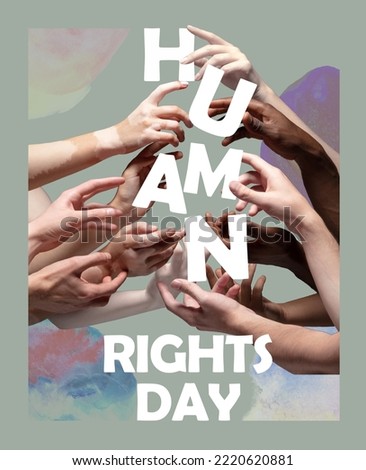 Diversity. Hands of people of different nations and religion on bright abstract background with lettering. Symbol of unity, equality, friendship and support. Human Rights Day. December 10